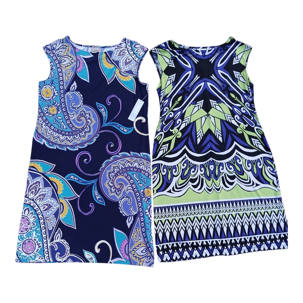 5 Chico’s Dress Sleeveless Slinky Midi Short Iona Casual Allover Print Vibrant 1 - Picture 13 of 16